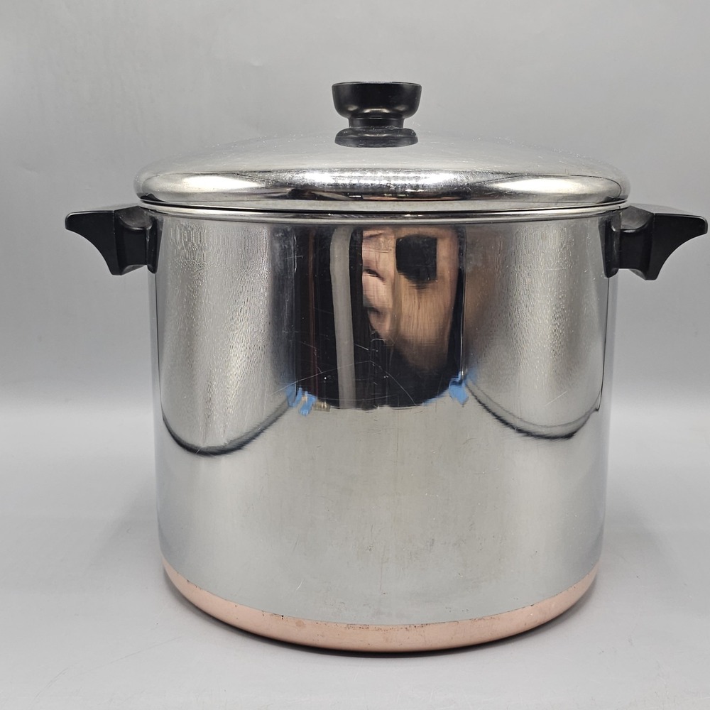 Vintage Revere Ware 1801 8 QT  Stock Pot W/ Lid Copper Bottom SS CLINTON IL USA